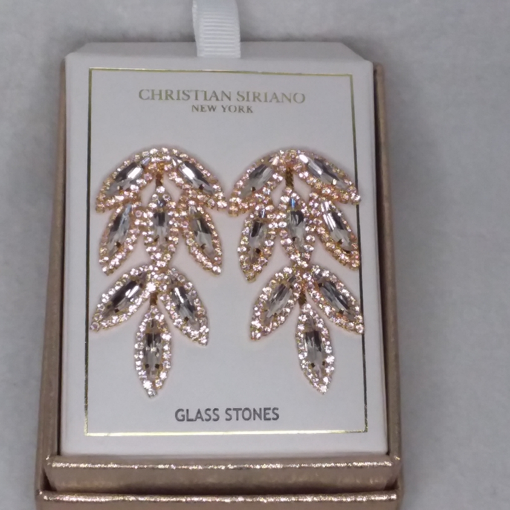 Dangle Pierce Earrings Gold Tone Clear Grey Glass Stones Christian Siriano